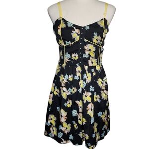 American Rag Cie Black & Yellow Floral Assymetrical Sundress LARGE Summer Casual